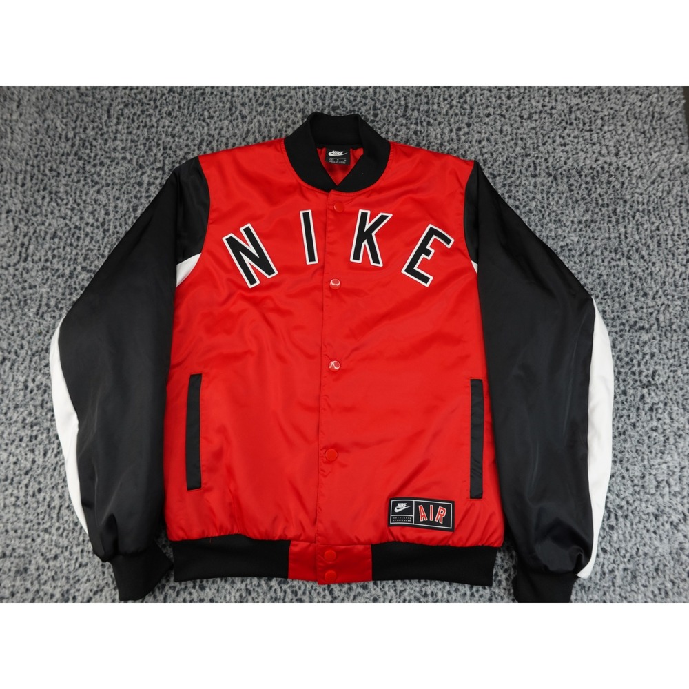 Nike Varsity Jacket‎ Mens Medium Red Black Air Letterman Snap Satin BV2617-657